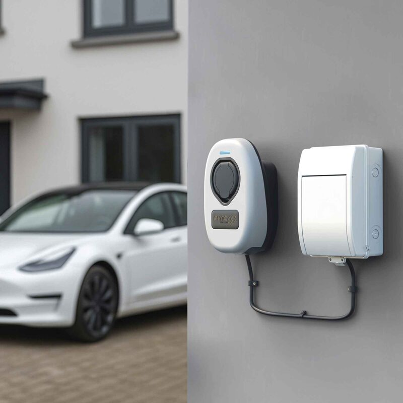 A Sync Energy EV charge point and a white consumer unit mounted on an exterior wall next to a parked white electric car