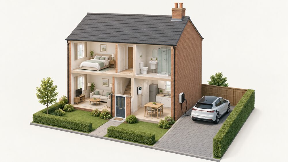 A cutaway terrace house with a bidirectional electric-vehicle chargepoint mounted on its external wall beside a private driveway, an electric car parked on the drive with a cable running to the chargepoint, and a smart meter visible inside the building.
