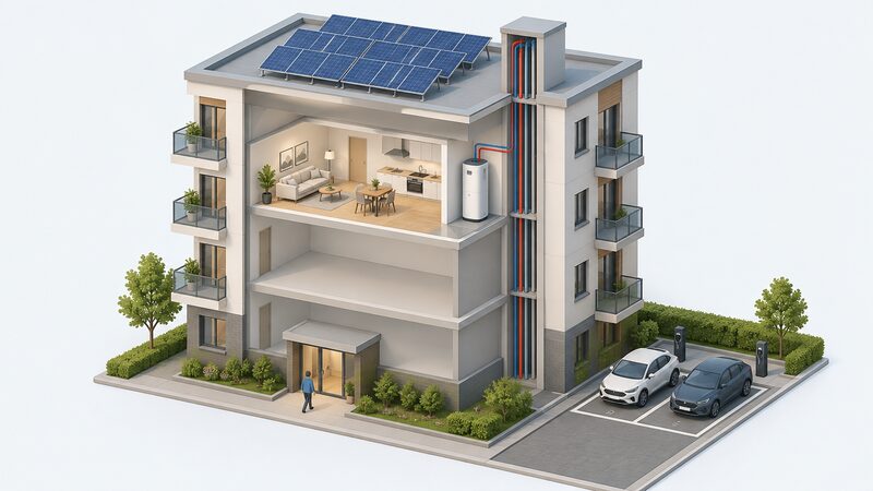 A cutaway isometric view of a small block of flats showing one dwelling unit inside, a shared solar array on the communal roof above it, a service riser running down through the block, and a communal parking bay at ground level beside the building.