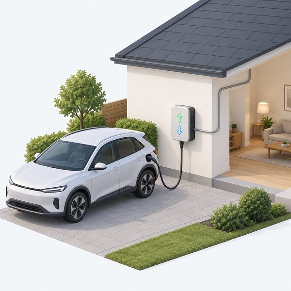 A bidirectional wall-mounted EV charger on a house driveway beside a parked electric car, with a charging cable linking the two and a simple cable running from the charger to the house wall, showing a unit that can both charge the car and draw energy back from it.