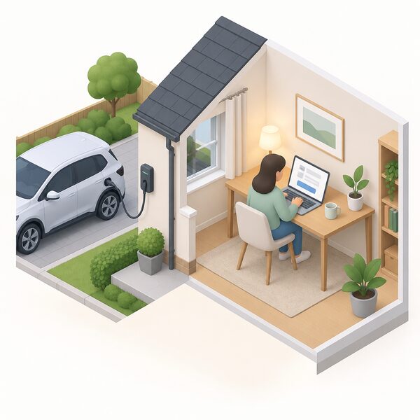 A householder at a home desk completing an online registration screen for a V2G trial, with an electric car parked on the drive outside and a compatible charger beside it, showing the application step described in the section.