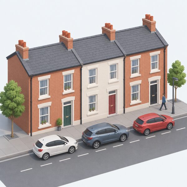 A narrow terraced street scene showing a row of terraced houses opening directly onto the pavement, with cars parked along the kerb in front and no driveway, dropped kerb or dedicated parking bay belonging to any of the homes, so there is nowhere to site a bidirectional chargepoint.