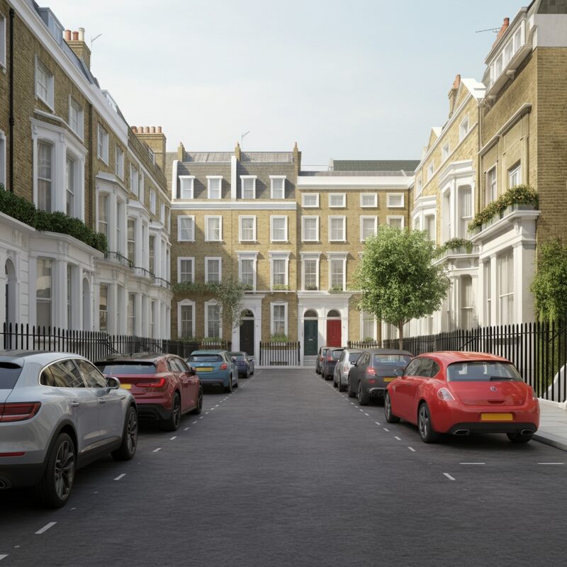 A UK residential terrace street with parked cars along both sides, illustrating homes without driveways