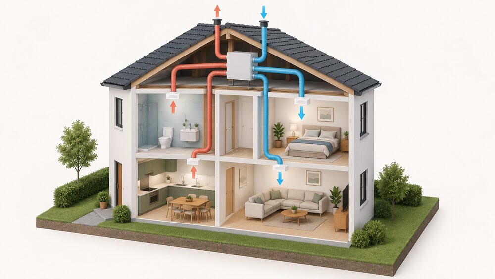 A cutaway of a small house showing a whole-house mechanical heat recovery ventilation unit, with ducts carrying stale air from the kitchen and bathroom to the unit's heat exchanger and pre-warmed fresh filtered air supplied to the living room and bedroom.