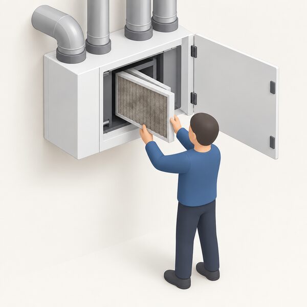 A simplified isometric figure slides a dusty used filter panel out of an open MVHR wall-mounted unit, holding it up to view, with the unit's duct spigots and access door visible to show the filter being removed during routine servicing.