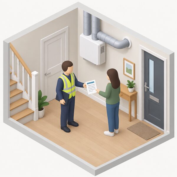 A building control officer, shown as a simplified isometric figure, stands in a home's hallway beside a wall-mounted ventilation unit with visible ducting, handing a completion certificate as a physical paper document to the householder, with the certificate's content shown only as blank lines and plain colour bands.