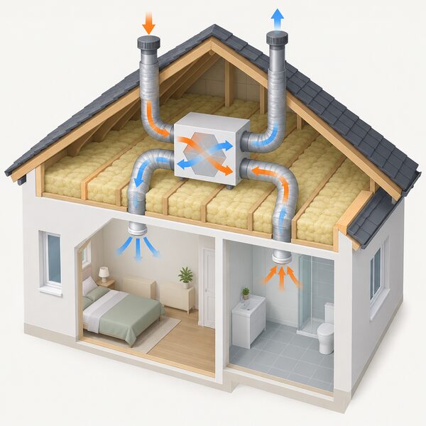 A cutaway loft space in an insulated home showing a boxy MVHR unit connected to insulated supply and extract ducts running to rooms below, with warm exhaust air passing through the unit's heat-exchange core and fresh incoming air leaving towards the rooms, no people.