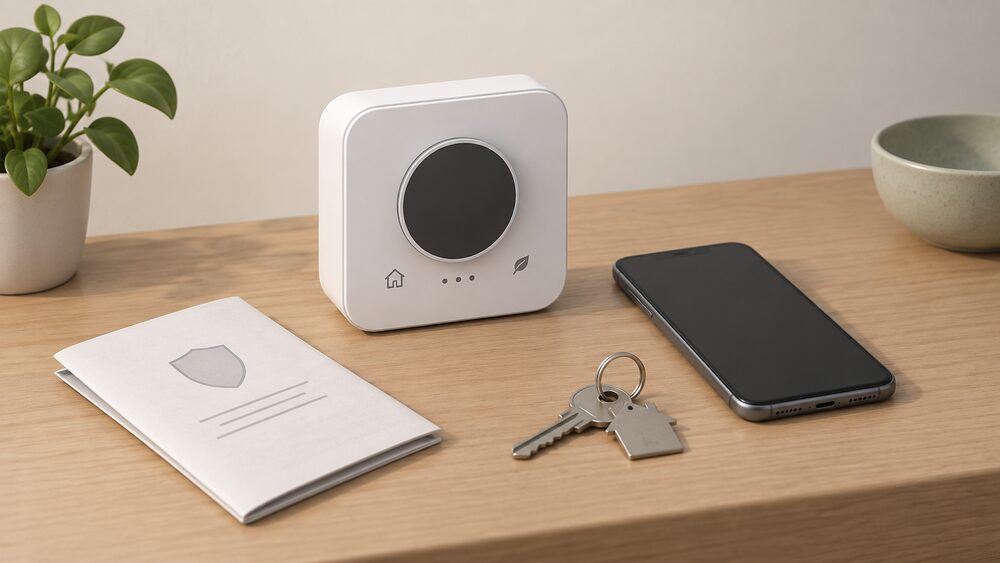 A small wall-mounted smart heating controller unit sits intact on a table beside a smartphone showing a blank screen, with a folded warranty document and a house key beside it, suggesting a device orphaned by its maker's failure.