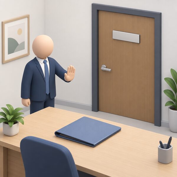 An empty ombudsman complaint file lying closed on a desk beside a shut office door with a plain blank name plate, showing that no new cases can be opened against a supplier that has ceased trading.