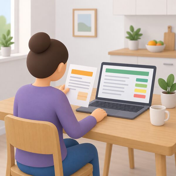 A household at a kitchen table holding a paper energy bill while looking at a laptop screen showing a company status record as plain blank lines and colour bands, comparing the two to establish the company's status rather than the trading brand shown on the bill.