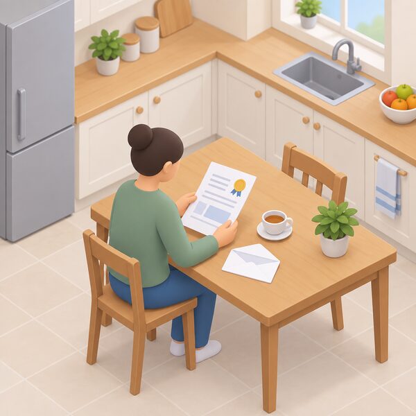 A plain envelope and a printed letter lying open on a domestic kitchen table, its content shown only as blank lines and plain blocks, beside a teacup, with a simplified isometric figure seated reading it.