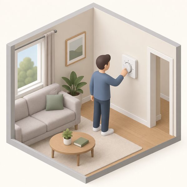 A heating control panel mounted on an inside wall of a home, shown in a simple cutaway room with a hand reaching to adjust its dial directly, with no router, hub or other network device anywhere in the scene, making clear the panel operates locally on its own.