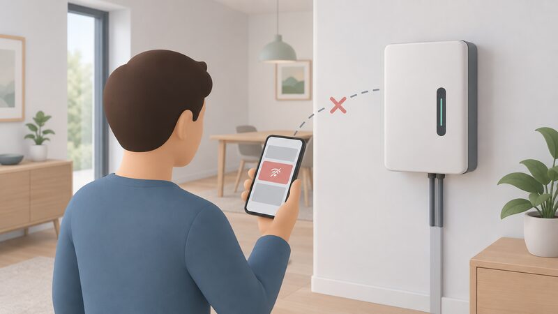 A wall-mounted smart energy device in a home interior, still physically intact, while a person holds a smartphone whose companion app screen shows only a plain unavailable status block, with a faint broken connection indicated between the phone and the device.