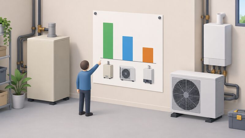 A printed comparison chart pinned to a wall, showing three plain vertical bars side by side representing the efficiency of a gas absorption heat pump, an electric air source heat pump and a gas boiler, with a small isometric figure pointing at the bars.