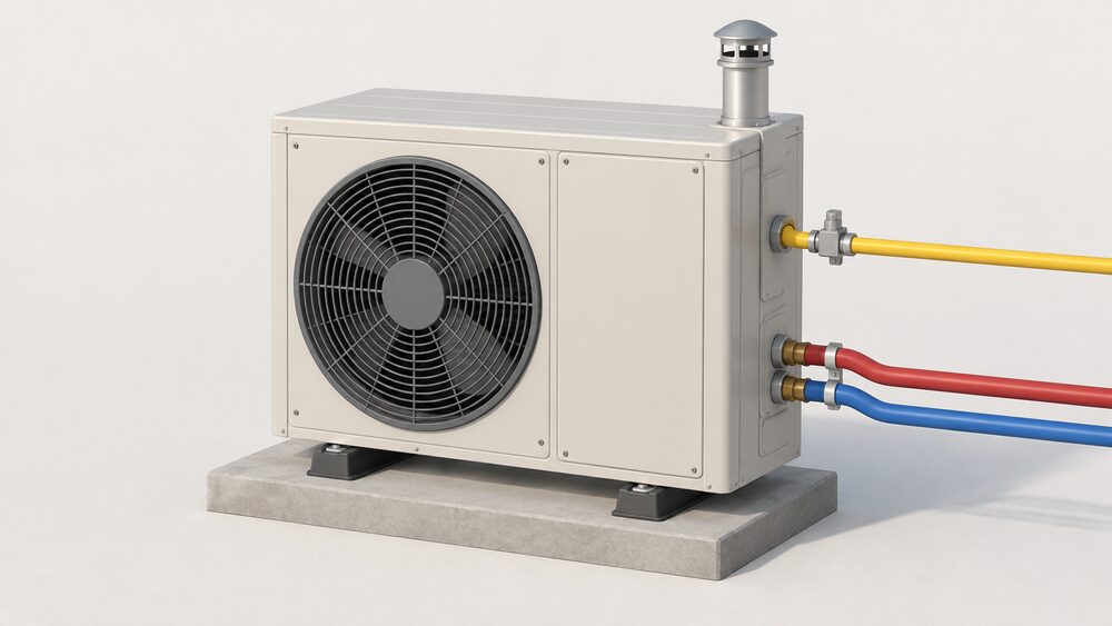 A close-up of a single gas absorption heat pump outdoor unit standing on the ground outside a house, a boxy cabinet with a large circular fan grille on its front, a gas supply pipe and heated water pipes entering it, and a small flue terminal on its casing, with nothing else in the scene.