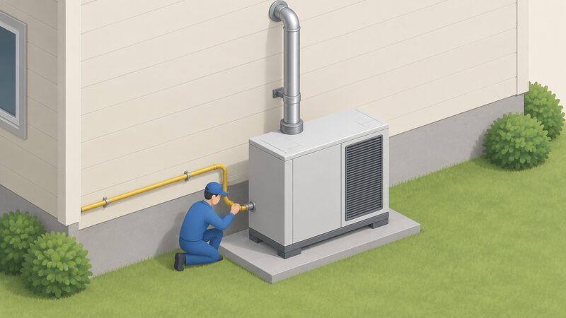 A packaged gas absorption heat pump unit standing outdoors on a concrete pad beside an exterior building wall, with a small isometric figure connecting a gas supply pipe to the unit and a flue pipe rising from the unit up the wall.