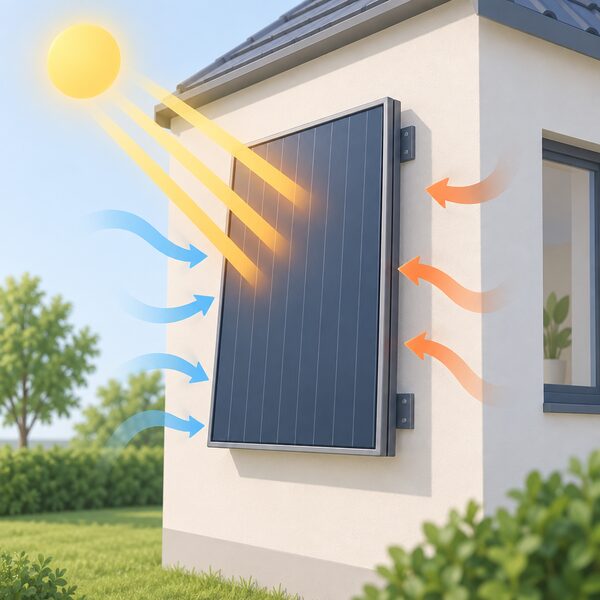 A large, flat solar evaporator panel mounted on an exterior wall of a house outdoors, with sunlight rays falling onto its surface and gentle air movement around it, showing the panel absorbing heat from both the sun and the surrounding air.