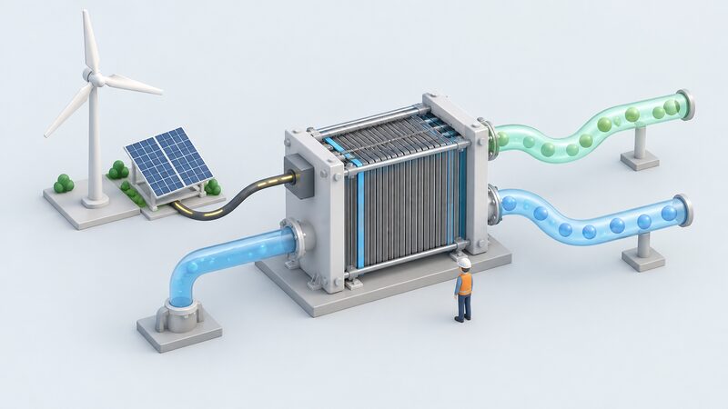 A simplified isometric cutaway of an electrolyser stack with a water feed pipe entering one side and an electrical cable from a wind turbine and solar panel supply entering the other, and two outlet pipes leaving the stack, one carrying hydrogen and one carrying oxygen.