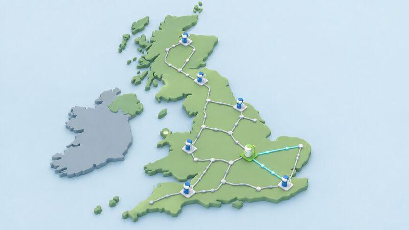 A simplified map of Great Britain showing the existing gas grid as plain lines across the country, with a small number of blending points marked where hydrogen enters the network, including one trial site feeding blended gas onward.