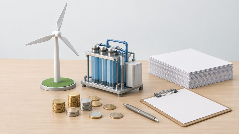 A small model of an electrolyser unit and a model wind turbine stand on a table beside a stack of blank paperwork, a clipboard and a scatter of coins, suggesting the cost and certification paperwork behind green hydrogen production.