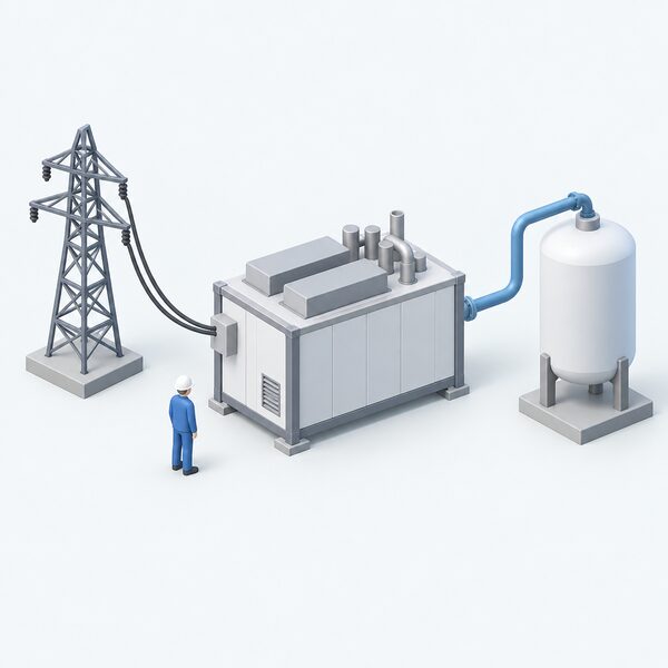 A simplified isometric figure stands beside a large industrial electrolyser unit connected by a cable to a grid electricity supply on one side and by a pipe to a hydrogen storage vessel on the other, showing the equipment that converts electricity into hydrogen.