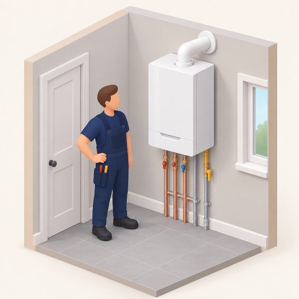 A wall-mounted hydrogen-ready boiler installed indoors in a home, shown as a compact white wall-hung gas boiler with its pipework and flue connections, with a small isometric figure of an installer standing beside it having just finished fitting it.