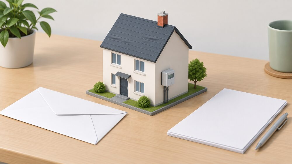 A small model of a house with a hydrogen meter box mounted on its outside wall sits on a desk beside a sealed official letter and blank paperwork, representing the safety regulator's letter arriving for the hydrogen neighbourhood trial.