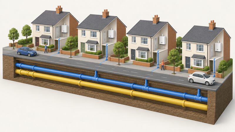 A cutaway street scene in section showing two parallel gas mains running side by side beneath the pavement, the new hydrogen main laid alongside the existing natural gas main, with simplified houses above connected to the new pipe.