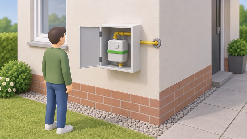 A hydrogen meter box mounted on the outside wall of a home, with a small pipe entering the building wall and the meter box door open to show the meter inside, drawn as a simple exterior corner of a house.