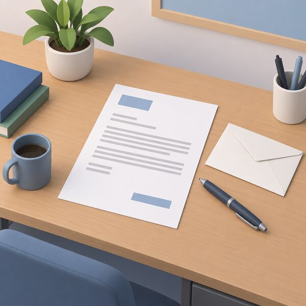 A formal letter lying on an office desk, shown as a physical document with blank lines and plain colour blocks instead of readable text, beside a plain envelope and a pen, representing the HSE's letter of assistance confirming a safety assessment before a hydrogen trial can proceed.