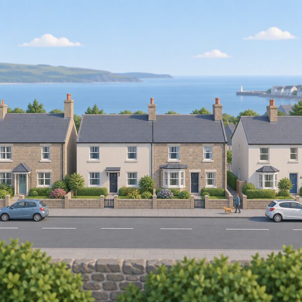 A quiet residential street of ordinary terraced and semi-detached houses in a Scottish coastal neighbourhood, drawn straight-on in a simple flat style, each home similar in age and size, representing the domestic properties of the roughly 300 interested participants in the H100 Fife trial neighbourhood.