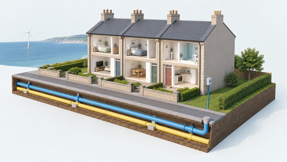 A cutaway street scene in Levenmouth showing a row of houses with a new hydrogen pipe running underground alongside the existing gas main, an external hydrogen meter box on one outside wall, and an offshore wind turbine visible on the distant coast.