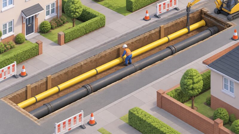 A cutaway street scene showing a new yellow polyethylene hydrogen pipe laid in its own trench parallel to and separate from the existing natural gas main, with a simplified isometric figure of a worker guiding the new pipe into place.