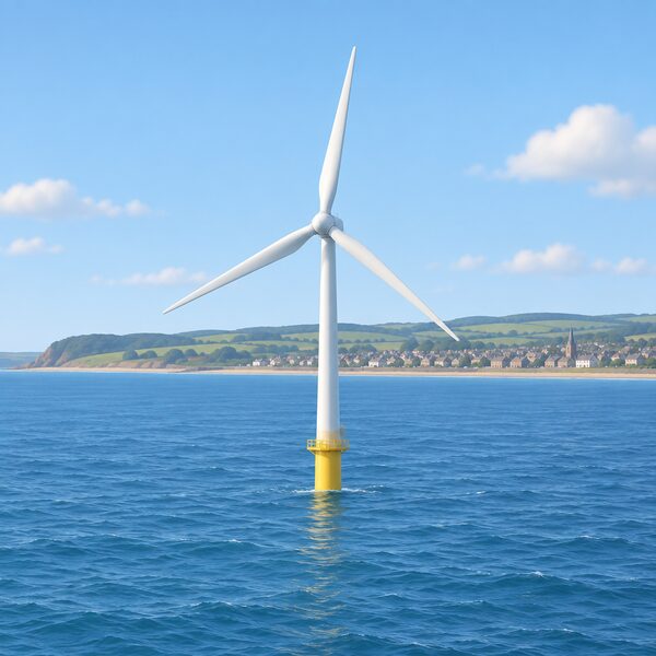 A single large offshore wind turbine standing in the sea just off a Scottish coastline near Leven, with the Fife shore and a hint of the town's rooftops visible in the distance under an open sky, conveying the existing turbine that will directly supply power to the electrolyser.