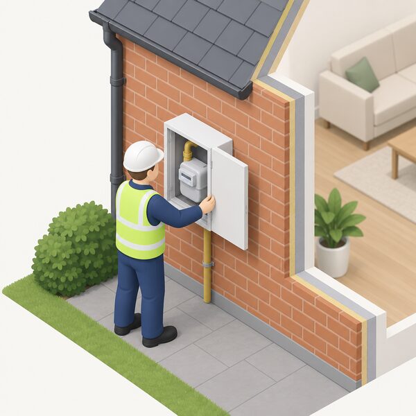 A wall-mounted hydrogen meter box on the outside wall of a house, with a simplified isometric figure of an installer securing its door, the box clearly separate from the home's living space behind the wall.