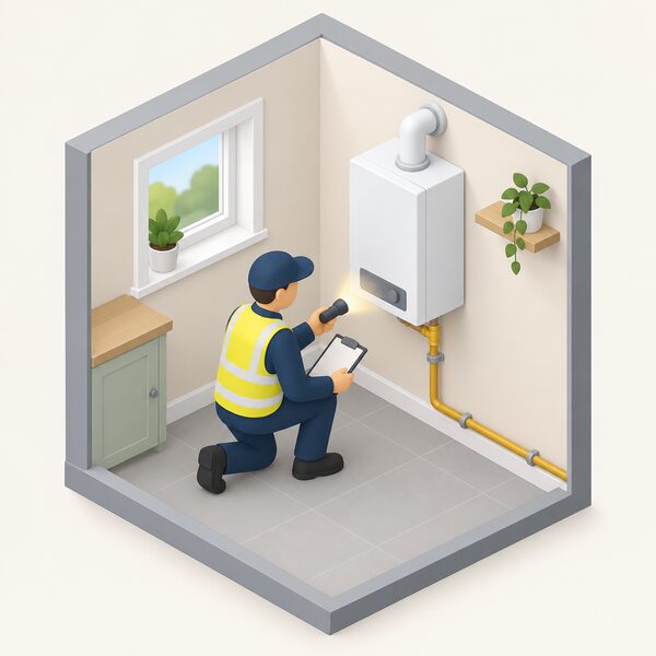 A Gas Safe registered engineer trained for hydrogen kneels beside a hydrogen gas appliance inside a trial home, inspecting it with a torch and clipboard, with the gas pipe running from the appliance visible in the room.