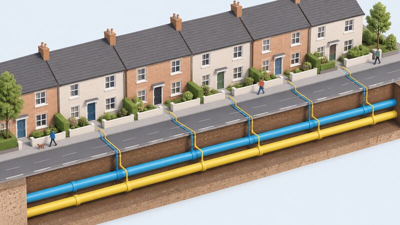 A simplified street view of a Levenmouth neighbourhood with a row of ordinary terraced homes, each connected by a service pipe to a new hydrogen main running along the street beside the existing gas main, both shown in a cutaway of the ground.