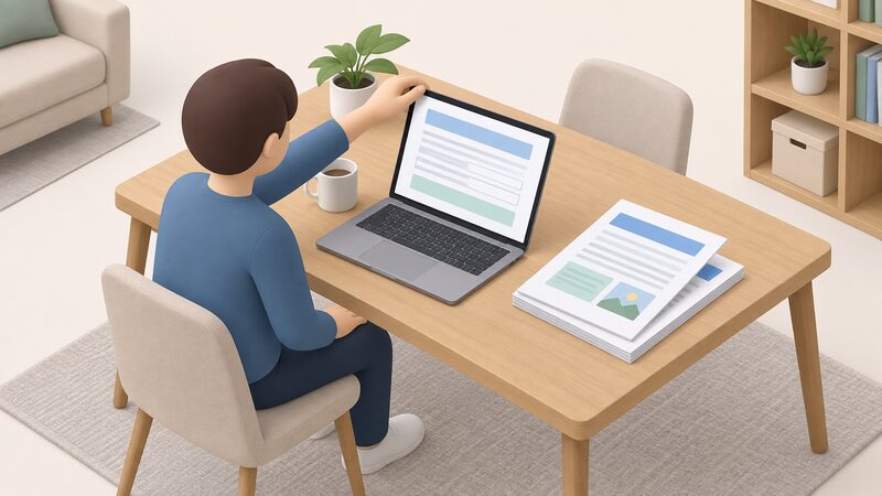 A laptop on a home table shows a blank grant application form as plain colour bands and blank lines, with printed scheme guidance documents stacked beside it and a simplified figure pausing with a hand on the laptop lid, no date shown.