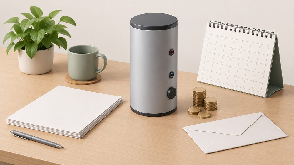 A small model of a heat battery cylinder standing on a desk beside blank application paperwork, a sealed envelope, a pile of coins and a blank calendar, suggesting a household waiting for a grant that has not yet opened.