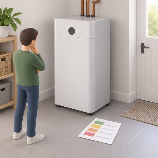 A compact heat battery thermal storage unit standing on the floor of a home utility space, with a printed notice of approved grant categories lying nearby shown as a physical sheet with plain blank lines and colour bands, and no grant approval mark attached to the unit.