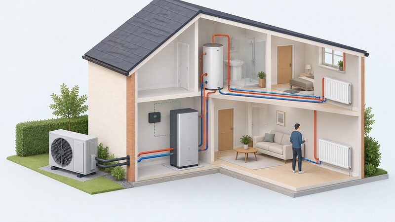 A simplified cutaway diagram of a UK home showing an outdoor air source heat pump connected to an indoor phase-change thermal store, a separate smart controller linking the two, and flow pipes from the store to a hot water cylinder and radiators.