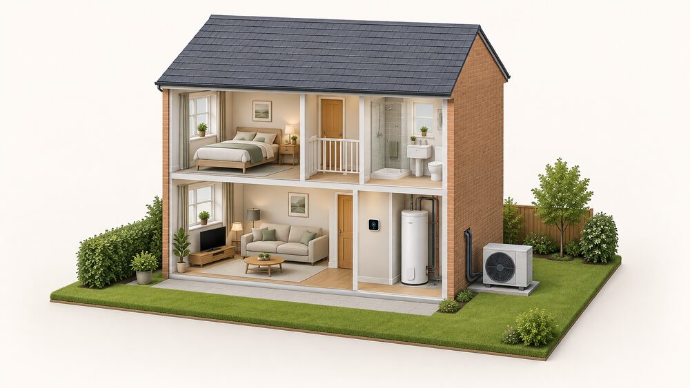 A cutaway house showing an air source heat pump fan unit standing outside on the ground at the rear wall, connected to a compact heat battery unit mounted indoors in place of a hot water cylinder, with a small smart controller on an inside wall linking the two.