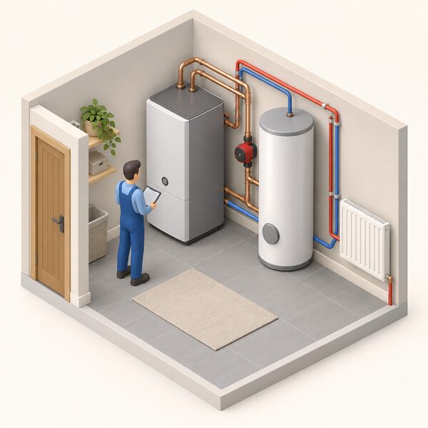 A compact heat battery unit installed inside a home, connected by pipework to a household heating system and hot water cylinder, with a small isometric figure inspecting the installation in a utility space.