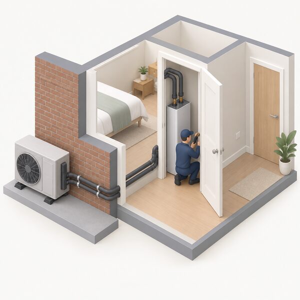 A compact heat battery unit installed in a small airing cupboard in a flat, standing where a hot water cylinder would not fit, with a heat pump flow and return pipework connecting to it and a simplified isometric figure of an installer finishing the connections.