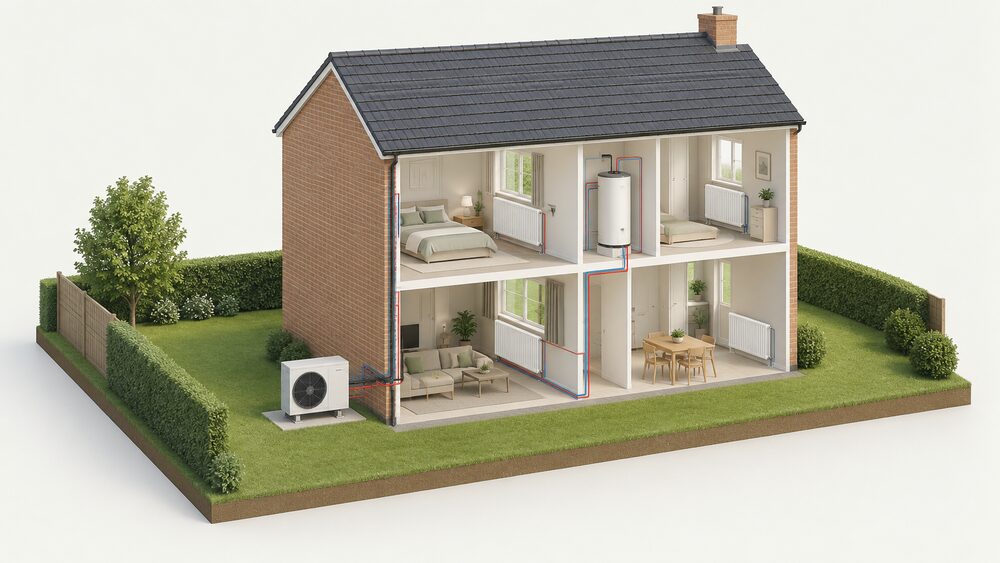 A cutaway house with an air source heat pump fan unit standing on the ground outside an external wall, at least a metre from the property boundary, connected through the wall to radiators and a hot water cylinder inside.