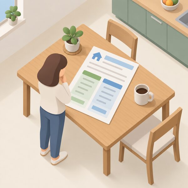 A paper household energy bill lying on a kitchen table beside a mug, drawn as a physical document with plain colour bands and blank lines instead of readable figures, with a small isometric figure standing at the table comparing two tariff columns shown as simple blocks.