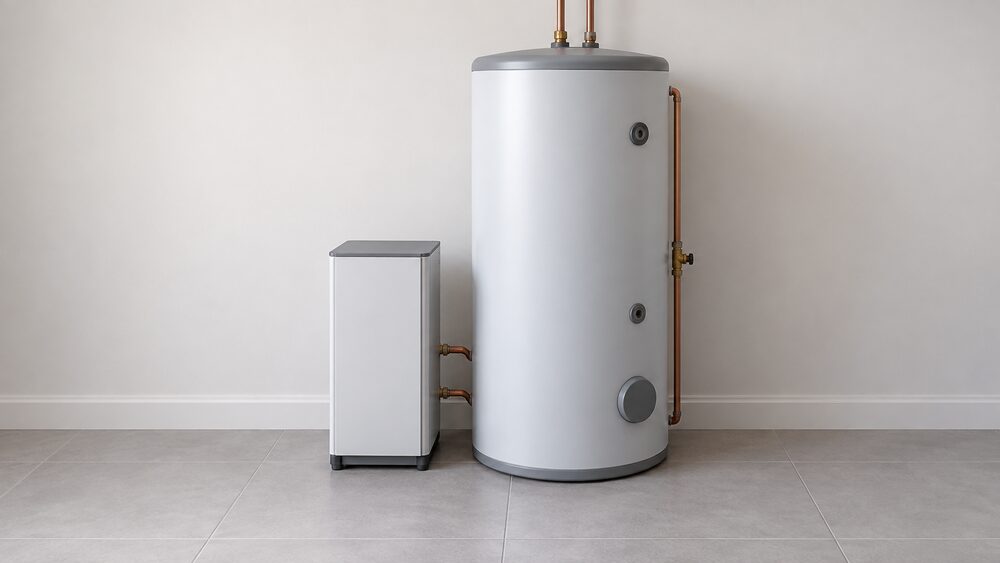 A slim upright heat battery unit standing beside a much taller, wider insulated hot water cylinder, both indoors on a plain floor against a neutral wall, sized to show the heat battery taking up a fraction of the cylinder's footprint.