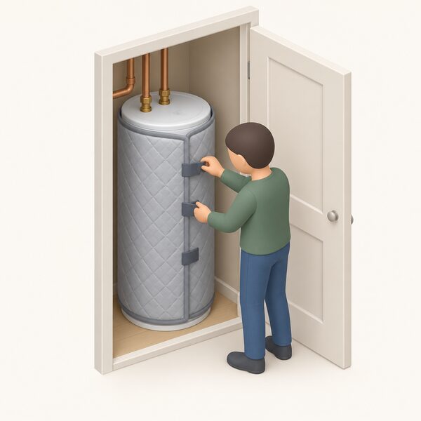 A small isometric figure in plain clothing fitting a quilted cylinder jacket around a hot water cylinder in an airing cupboard, pressing the jacket's side fastenings closed around the tank, with pipework entering the top of the cylinder left clear.