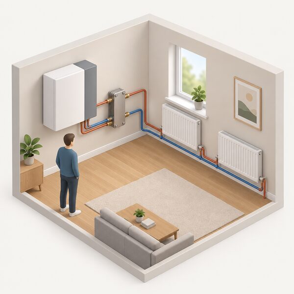 A compact wall-mounted heat battery unit indoors, connected through a heat exchanger to the existing wet central heating pipework feeding radiators, with no outdoor unit and no hot water cylinder anywhere in the scene.