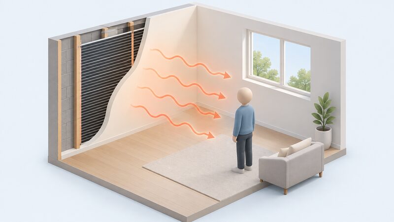 A cutaway view of a room wall showing a large heating film layer beneath plaster and paint, with plain wavy infrared rays radiating from the warm wall surface across the room towards a simplified isometric person standing nearby.